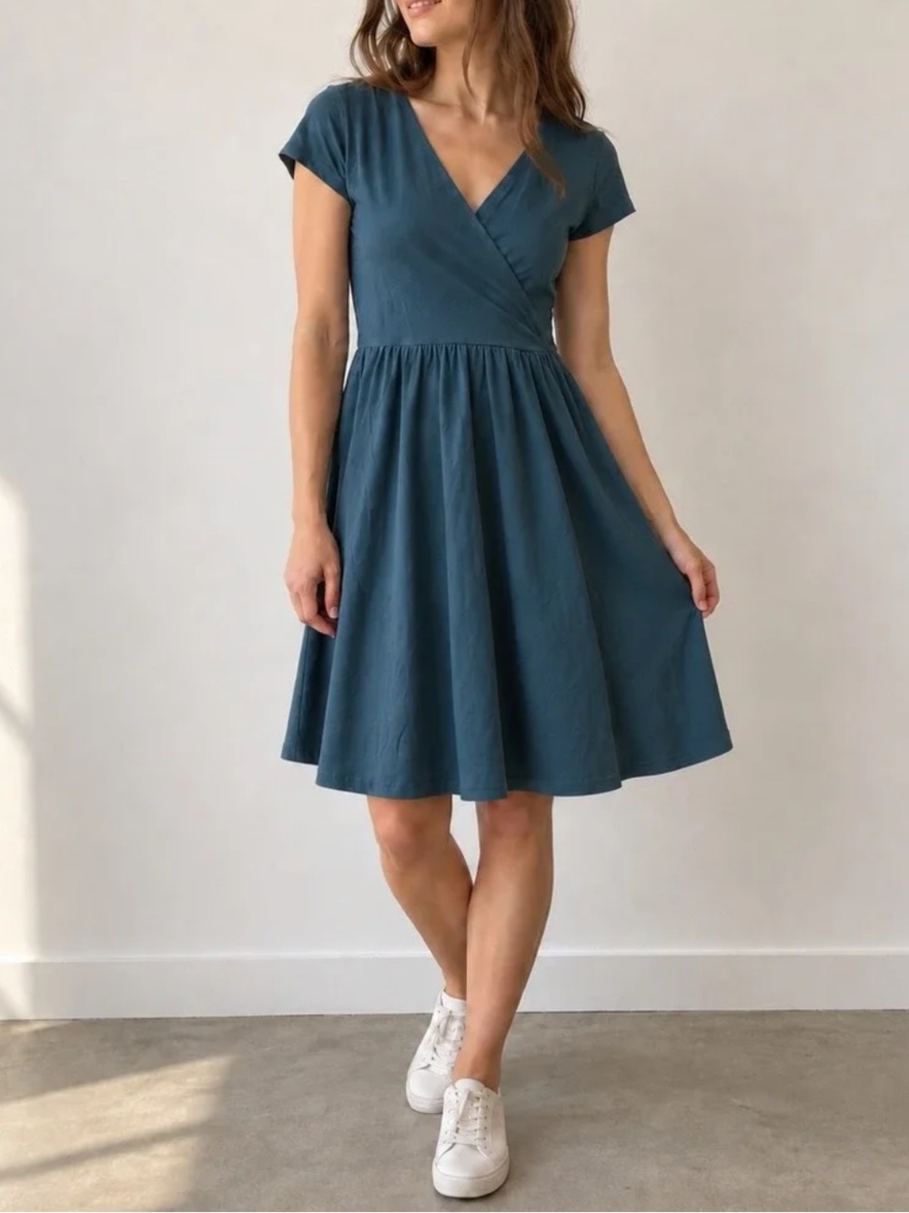 Pact Organic Cotton Fit & Flare Crossover V-Neck Short Sleeve Mini Dress XS Blue